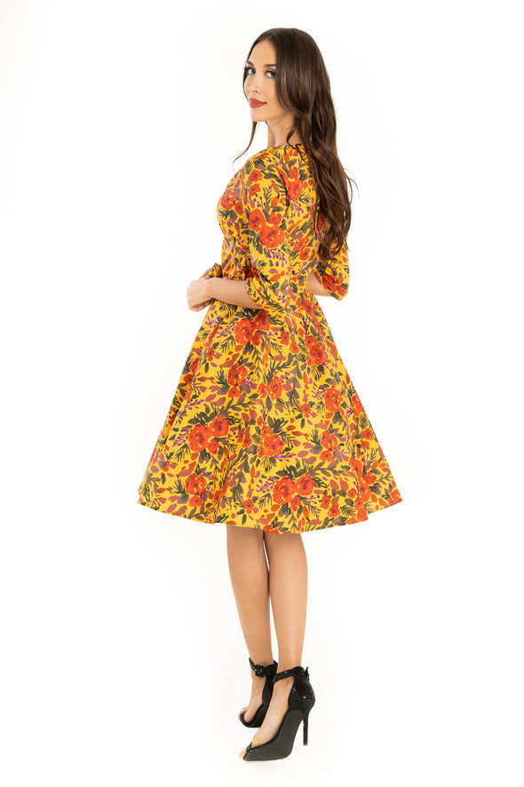 Mustard Watercolor Floral 3/4 Sleeve Cotton Dress
