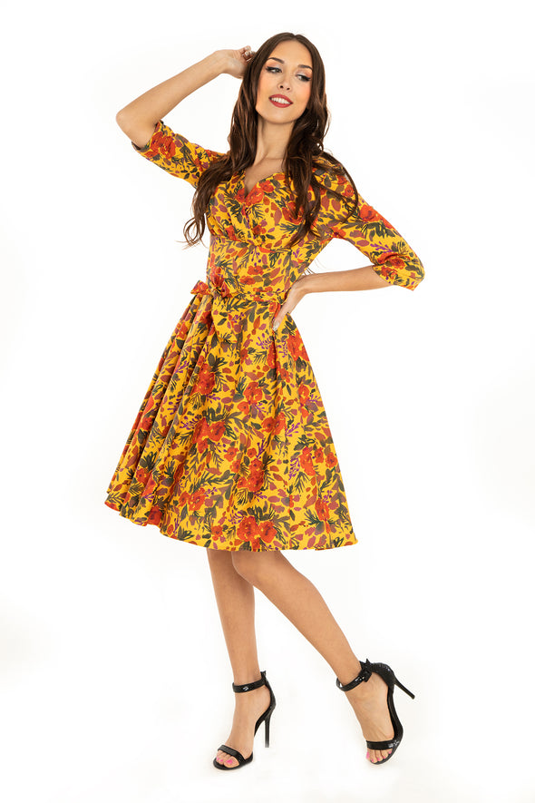 Mustard Watercolor Floral 3/4 Sleeve Cotton Dress