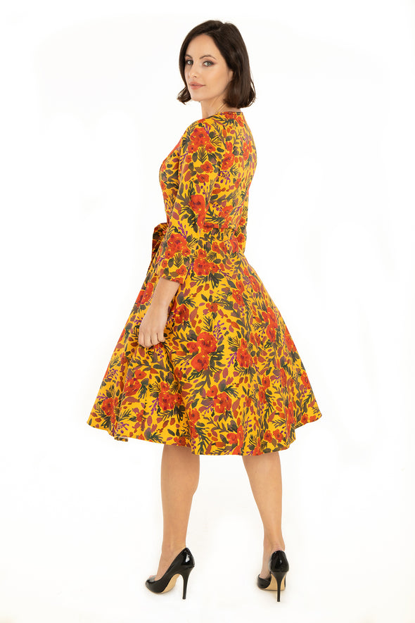 Mustard Watercolor Floral Square Neck Dress
