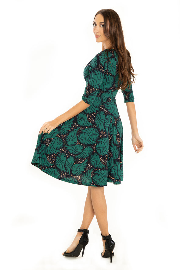 Forest Green Feathers 3/4 Sleeve Knit Dress