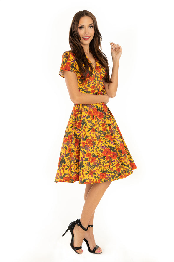 Mustard Watercolor Floral Short Sleeve Cotton Dress