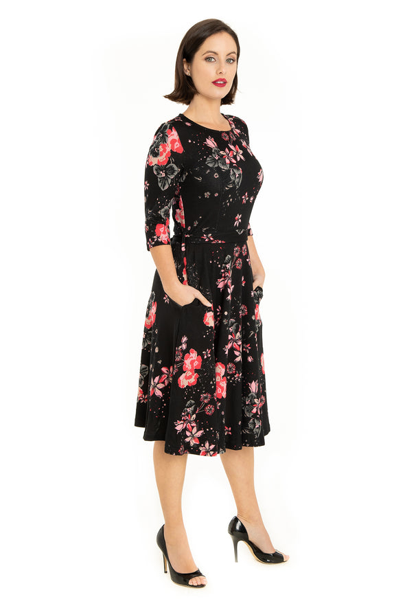 Black Multi Florals 3/4 Sleeve Knit Dress
